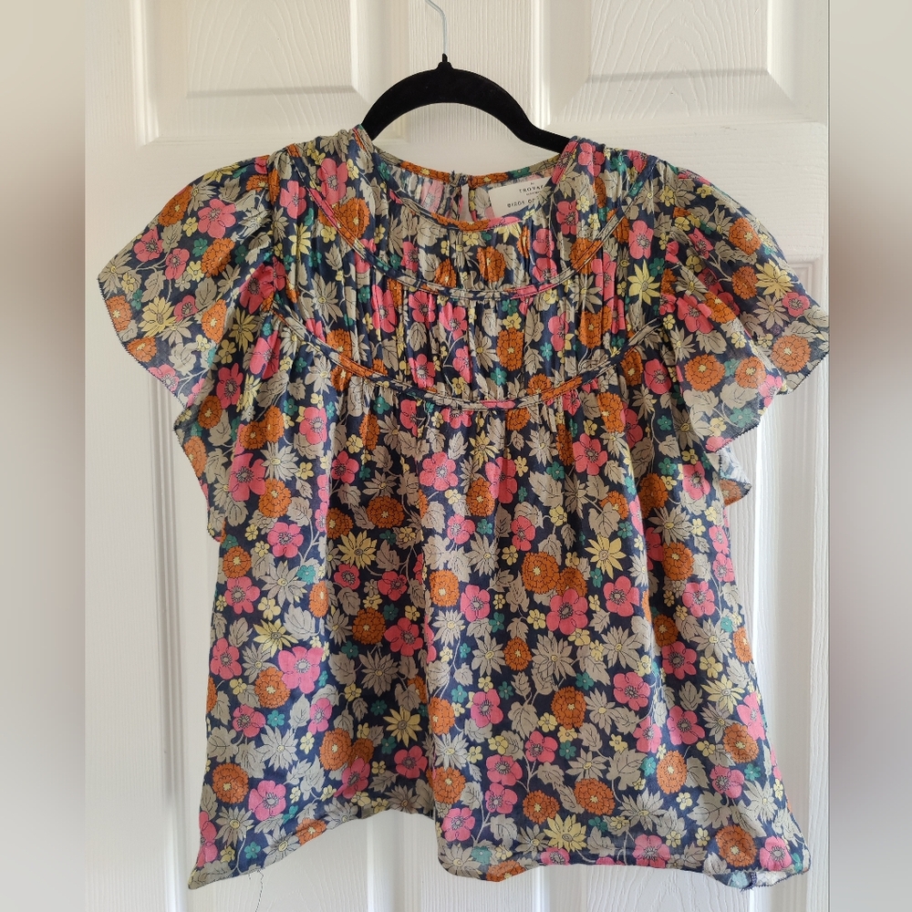 Vintage floral blouse, Birds of paradise, Trovata, Multi color blue/pink, S